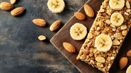 Banana almond granola bar healthy snack food recipe on wooden board for energy boost and breakfast idea