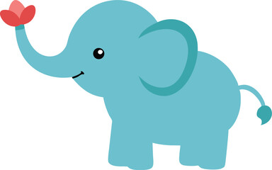 Tiny elephant holding a flower in gentle and loving cartoon pose vector art illustration