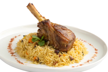 Lamb shank with mandi rice isolated on transparent background  
