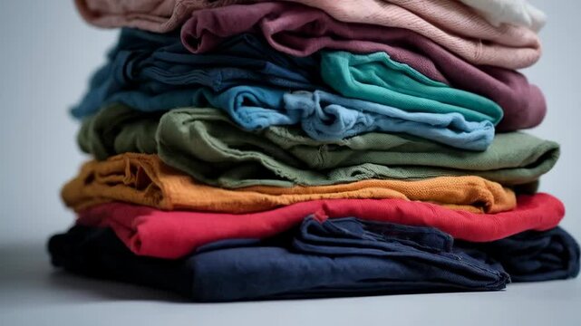 Pile of colorful folded casual clothing on a neutral background, shirts and t-shirts neatly stacked for laundry and storage.
