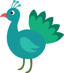 Tiny peacock with open feathers in elegant decorative pose vector art illustration