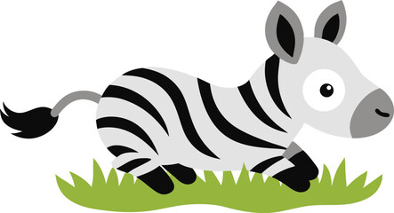 Tiny zebra rolling in grass in playful wildlife cartoon scene vector art illustration