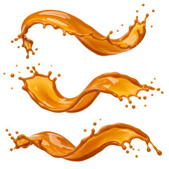 Fototapeta premium Caramel liquid splashes in dynamic curved streams against a white background. Delicious caramel liquid in motion with an array of splashes and droplets.