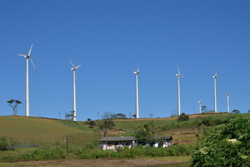 Ambewela Wind Farm in Sri Lanka with Wind Turbines on Rolling Green Hills Under Blue Sky - World Energy Day