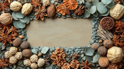 A Full Frame View of Dried Eucalyptus Pods and Spices in an Earthy Decorative Arrangement