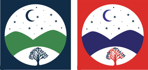Minimalist night landscape with moon and stars icon
