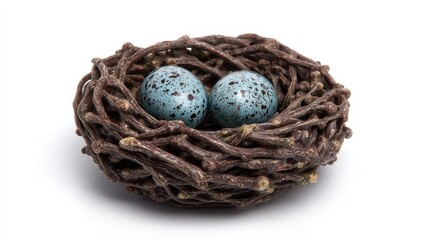 Two speckled blue eggs nestled in a brown twig nest