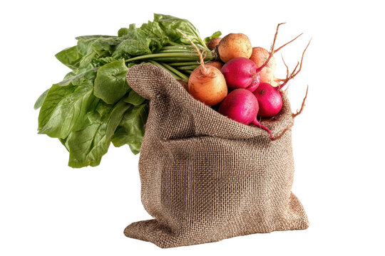 Fresh harvest: mixed vegetables in rustic burlap sack, cut out