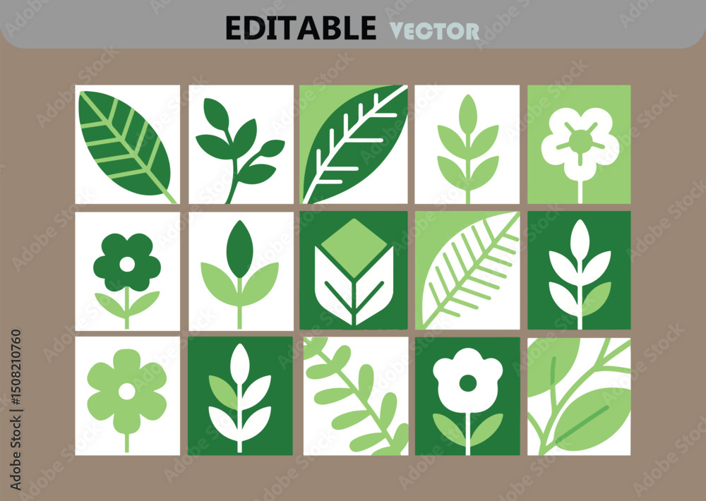 Poster Collection of Botanical Vector Icons in Green and White Square Tiles Editable and Scalable for Various Design Projects and Creative Applications