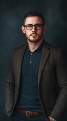 Obraz premium Portrait of a Man with Beard and Glasses Wearing Blazer