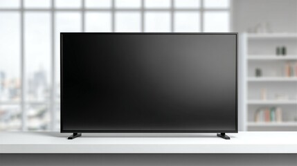 Fototapeta premium Sleek flat-screen TV displayed on minimalist white shelf, modern home entertainment and technology concept for living room interior design.