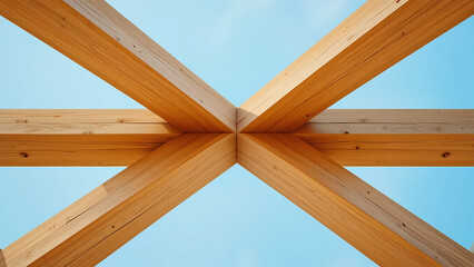 Wooden Beams Intersecting Against a Bright Blue Sky Background