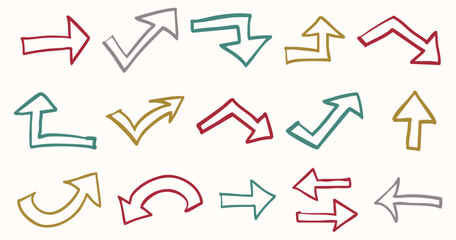 手書きの矢印のイラストセット　ベクター。カラー