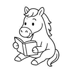 Cute cartoon horse reading a book line art for kids coloring book