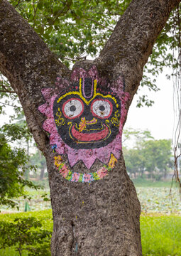 Lord Jagannath drawing on a tree in Sri&nbsp;Jagannatha Temple, Chittagong Division, Comilla, Bangladesh