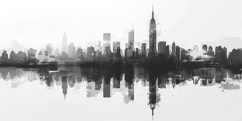 Monochrome New York cityscape reflection with watercolor effect.