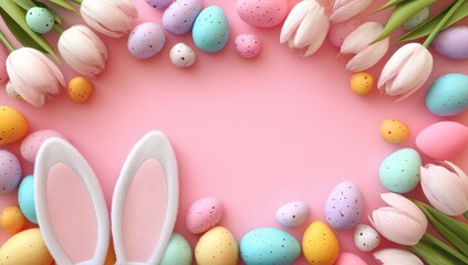 Pastel Easter eggs & tulips frame a blank space