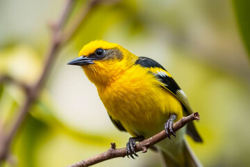 Bright Yellow Tanager Perched on a Tree Branch, Displaying Its Vibrant Yellow Plumage in a Tranquil Natural Setting, Vibrant Wallpaper