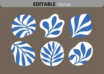 Set of Six Abstract Floral Elements in Blue and White on a Brown Background in Editable Vector Format for Creative Projects