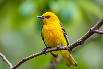 Obraz premium Bright Yellow Tanager Perched on a Tree Branch, Displaying Its Vibrant Yellow Plumage in a Tranquil Natural Setting, Vibrant Wallpaper