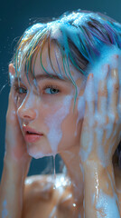 Image of a woman with dyed hair washing her hair with shampoo with foam on her head.
