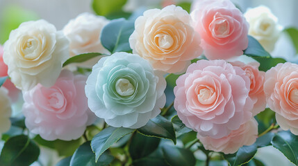 Obraz premium watercolor botanical Camellia flowers texture template background.Elegant wedding invitation card background . Minimal hand painted Design for wedding or Valentine's Day