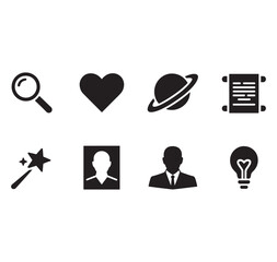 Flat Vector Icons Set Magnifying Glass Heart Planet Scroll Wand Portrait Businessman Lightbulb on White Background
