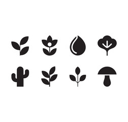 Flat Vector Icons Set Nature Elements Black Silhouettes on White Background Simple Plant Cactus Flower Leaf Mushroom Drop