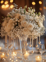Beautiful and elegant table bouquet decorated with pearls and crystals hanging to make it look magnificent. Wedding table centerpiece with lace theme.