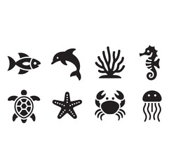 Flat Vector Illustration of Marine Life Icons on White Background for Nautical Designs and Educational Resources