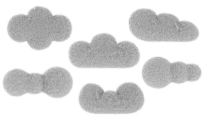 Cartoon white clouds from fur or felt material. 3d illustration of cute soft child toy. Realistic creative funny render element.