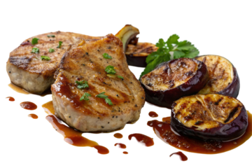 Pork chops with glazed eggplant and fig sauce isolated on transparent background