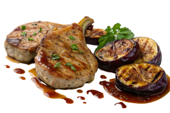 Pork chops with glazed eggplant and fig sauce isolated on transparent background