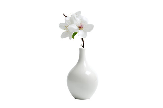 Elegant white cherry blossom in minimalist vase on white background, cut out
