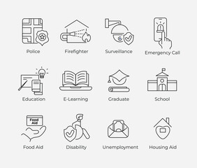 Social and Government Services – 12 Flat Editable Vector Icons for Community and Daily Life. Linear icon collection.	