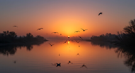 Obraz premium Serene Sunrise over Calm River with Birds in Flight Golden Hour Landscape