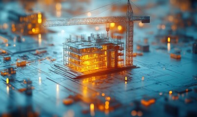 Futuristic city construction on a digital circuit board