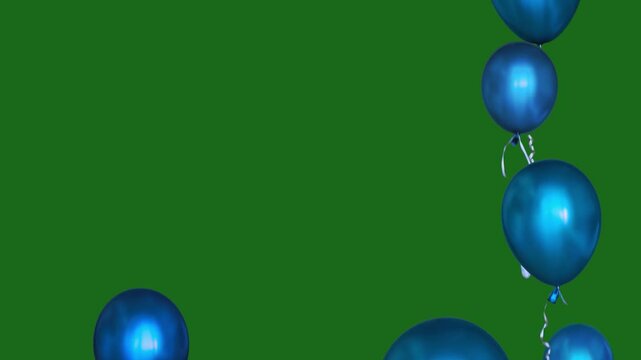 twenty blue balloons flying on a green screen