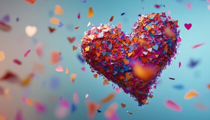 Colorful heart made of confetti on blue background.