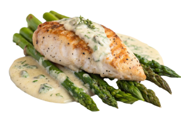 Chicken breast on asparagus with gorgonzola sauce isolated on transparent background