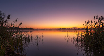 Obraz premium Serene Sunrise over Calm Lake with Reeds Misty Morning Landscape Photography