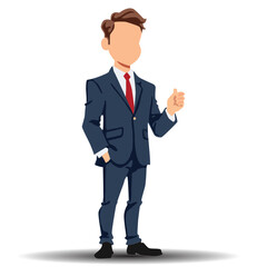Obraz premium Business cartoon character in dark blue suit and red tie, thumbs up with confident posture on white background