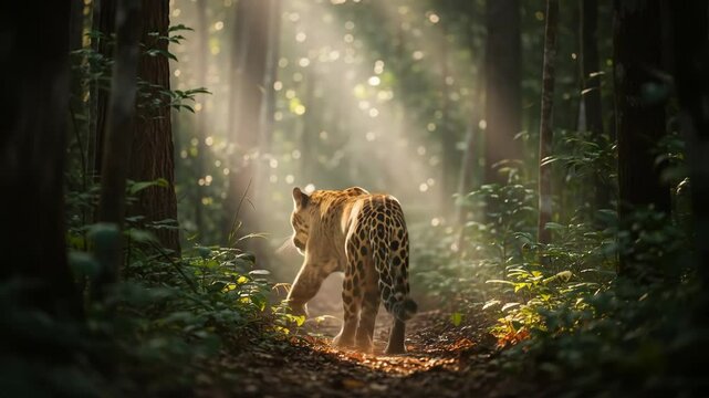 Majestic leopard walking through a sunlit dense forest path with natural rays