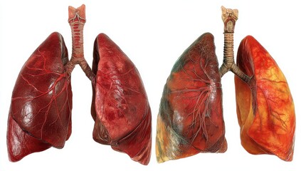 Two lungs, one healthy, one diseased, side-by-side