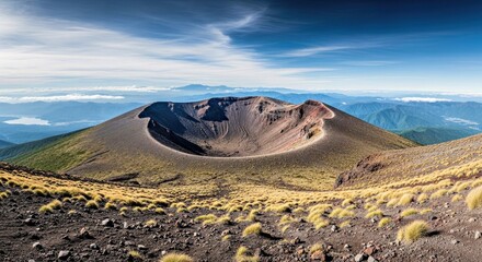 Mount Fuji Summit: Ash Deposits, Crater Ridges, Windswept Grasses, Majestic Setting