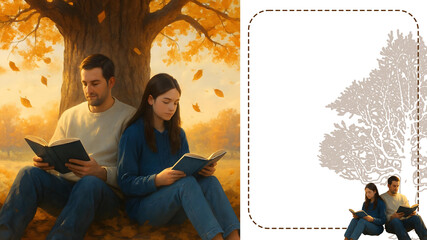 Father's Day Tree Border Design with Dad and Daughter Reading - Family Moment Card Template - isolated background high resolution premium collection