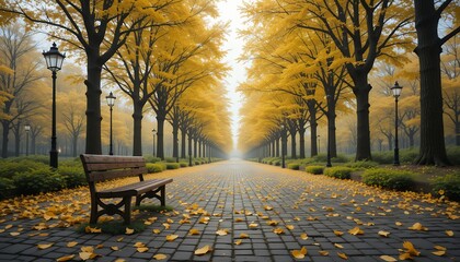peaceful autumn park pathway lined with golden trees and empty wooden benches on foggy day