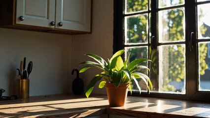 Bright morning shines cozy kitchen interior with indoor potted plant placed near sunlit kitchen window. This peaceful indoor kitchen brings warmth, coziness, and connection to nature