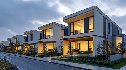 A row of energy-efficient homes with clean geometric designs, large south-facing windows, minimalistic front yards and overcast lighting
