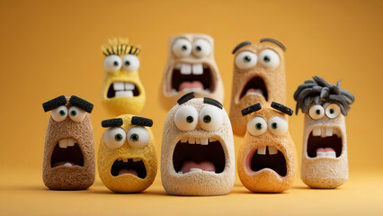 Hilarious set of funny faces shows terrified expressions painted on fingertips, capturing playful and creative moment. These funny stone faces perfect for illustrating emotion in childrens content